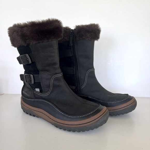 Merrell Decora Chant Waterproof Mid-Calf Black and Brown Leather Boots, size 8.5 - Picture 1 of 13